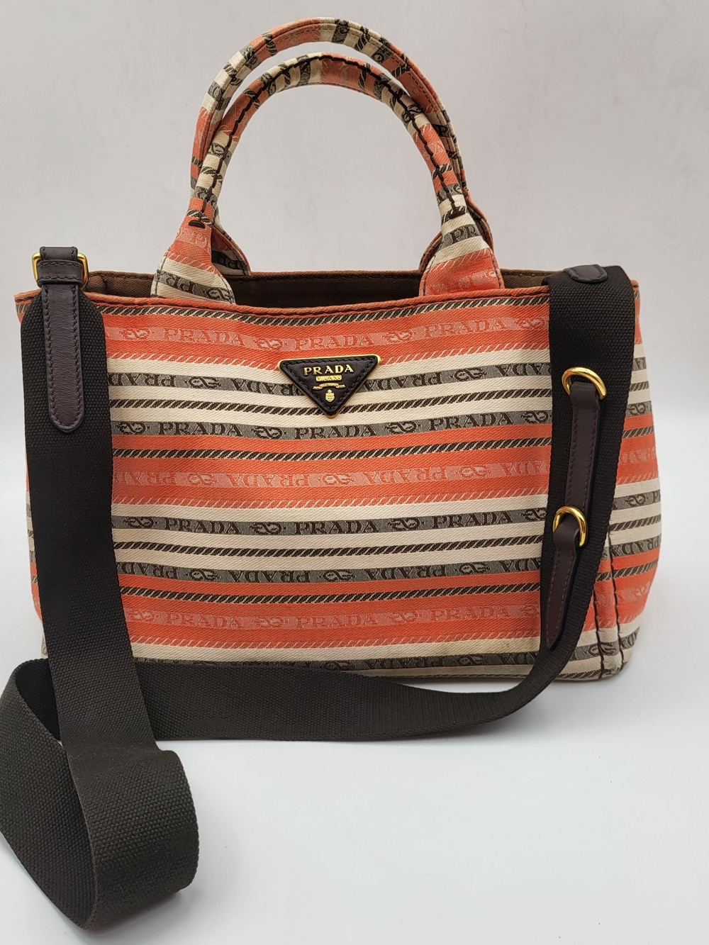 PRADA Arancio Canapa Striped Canvas Tote Crossbody Bag, Auth. w/COA..